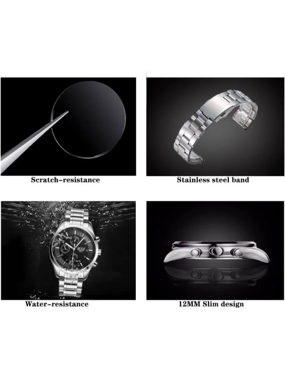 Men's Silver And Black Analog Stainless Steel Chronograph Waterproof Wrist Watch